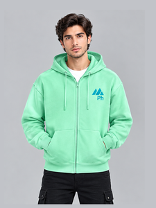 Hot Selling 100% Cotton 350gsm Heavy Weight Mint Green Zip-Up Hoodie With Front Logo Regular Fit Fleece Casual Sweatshirt Autumn - Product Image 1