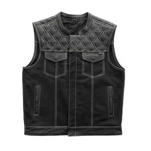 Gilet en cuir et toile pour moto Hunt Club, surpiqûres blanches - Product Image 1