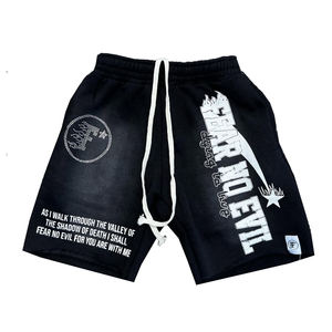 กางเกงขาสั้นพิมพ์ลาย Fear No Evil สำหรับผู้ชาย ผ้าฝ้ายลำลอง สตรีทแวร์ สีเหลือง แดง ดำ กางเกงขาสั้นผ้าฟลีซ - Product Image 3