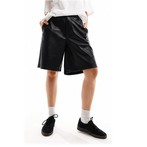 Men's Black <b>PU</b> Coated Bermuda Leather <b>Shorts</b> Mid Waist Casual Style With Pockets Breathable Woven Fabric Men's Leather <b>Short</b> - Product Image 3