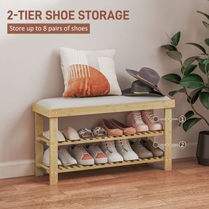 Cream White 3-Tier Bamboo Shoe <b>Storage</b> Bench with <b>Cushion</b> Entryway Hallway Shoe Organizer - Product Image 5