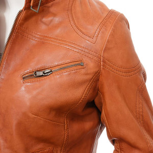 Custom Women <b>Leather</b> Biker <b>Jacket</b> <b>Real</b> <b>Leather</b> Motorcycle Outerwear Manufacturer Stand Collar Autumn Solid Color - Product Image 4