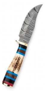 Outil utilitaire fixe en acier damas à motif ondulé, fabriqué à la main, avec manche en bois de cerf empilé et plusieurs entretoises - Product Image 4