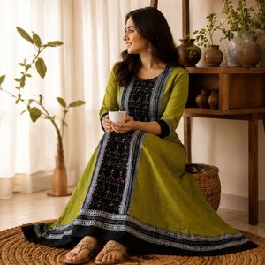 Kurta Ikkat Arts Verde Lima Tribal Village – Kurta Étnica Inspirada en el Tejido a Mano en Tonos Oliva y Negro - Product Image 4