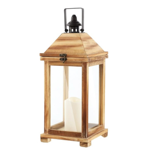 Farol de madera de mango con tapa metálica plana negra, laterales con rejilla ranurada y asa de cuerda de yute, decoración de farol de mesa estilo rústico. - Product Image 2