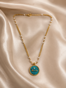 Collar con Colgante Personalizado Chapado en Rodio, Piedra Turquesa, Colgante de Flecha Redonda, Cadena con Cuentas de Perlas de Imitación, Joyería para Mujer, Regalo - Product Image 2