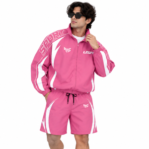 Chaqueta Cortavientos Retro Rosa de Moda para Hombre y Pantalones Cortos, Chaqueta Cortavientos Ligera de Nailon Personalizada, Pantalones Cortos Deportivos, Chaquetas de Poliéster Estilo Urbano - Product Image 4