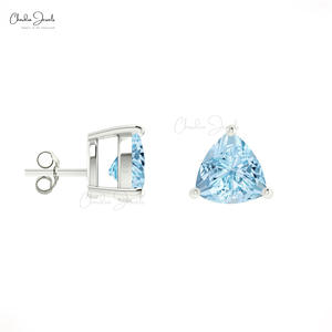Boucles d'oreilles à clous en or blanc massif 14 carats, très vendues, avec pierres précieuses naturelles en aquamarine de 0,5 carat, faites à la main, bijoux pour femmes - Product Image 2