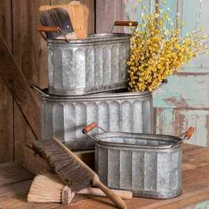 Rustic Galvanized Metal Planters With Handles Oval Shape For Garden Outdoor Use Flower Green Plant <b>Container</b> - Product Image 2