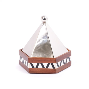 Modern Hexagonal Wooden Bowl With Metal Pyramid <b>Lid</b> Handmade <b>Decorative</b> Serving Dish Geometric Pattern Design - Product Image 1
