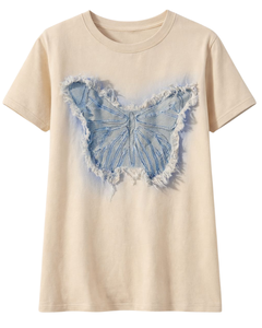 T-shirt en jean avec appliqué papillon pour femme, col rond en coton, manches courtes, décontracté, haut d'été, patchwork effiloché, graphique, logo personnalisé - Product Image 1