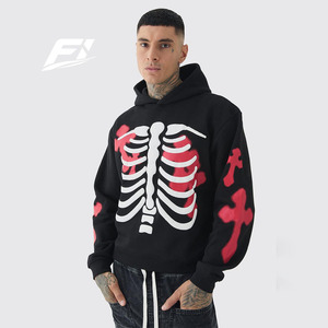 Sudadera con capucha de algodón 100% de felpa, estilo urbano, con cremallera, logotipo personalizado bordado, diseño de esqueleto, negra, oversize, para Halloween - Product Image 1