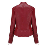 Blouson moto en cuir rouge pour femme, col rabattu, fermeture éclair, coupe ajustée, manches classiques, couleur unie, hiver, décontracté, à capuche