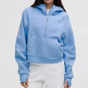 Sweat-shirt à capuche zippé pour femme, couleur unie, manches longues, tricoté, respirant, pour l'automne, coupe courte, coupe classique - Product Image 6