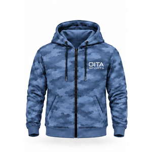 Conjunto Deportivo Unisex de Camuflaje Azul Denim, Sudadera con Cremallera Completa y Pantalones Jogger, Ropa Deportiva Casual Personalizada para Entrenamiento - Product Image 1