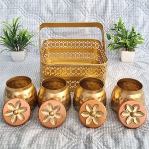 Premium Gold Hammered Metal Jar <b>Set</b> for Dry Fruits Spices Storage with Floral Lid Design and Sturdy Decorative Serving Basket - Product Image 1