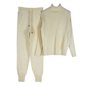 <b>Lounging</b> Wear New Women's High Neck Plain Two Piece Track Suit With Stretch Pants Knitted Pullover Turtle Neck Autumn Sweat Suit - Product Image 4