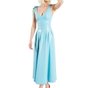 Light Blue PU Maxi Dress V-Neck Sleeveless A-Line Pleated Fitted Solid Color Party Wear Summer - Product Image 1