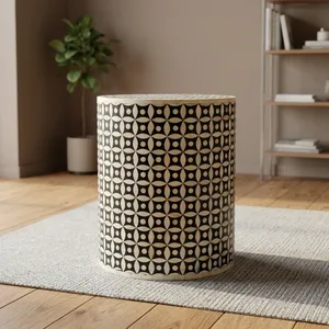 Handcrafted Bone Inlay Drum <b>Side</b> <b>Table</b> <b>Round</b> Accent End <b>Table</b> Decorative Modern Living Room Bedroom Furniture ContemporaryDesign - Product Image 6