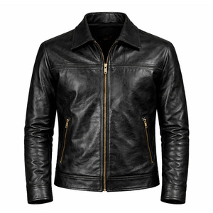 Veste de moto en cuir véritable noir pour homme, coupe ajustée, col rabattable, fermeture éclair, manches classiques, style hiver, imperméable et coupe-vent - Product Image 1