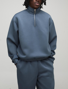 Men's Dark Blue Fleece Quarter <b>Zip</b> Sweatshirt Set with Flame Logo Print Front Street Style Winter Wear 100% Cotton - Product Image 4