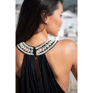 เดรสยาวสีดำแบบผูกคอสำหรับผู้หญิง ดีไซน์หรูหราประดับลูกปัดที่คอ สไตล์โบฮีเมียน เหมาะสำหรับใส่ไปชายหาด ชุดเดรสแขนกุดสำหรับฤดูร้อน พร้อมเข็มขัด - Product Image 4