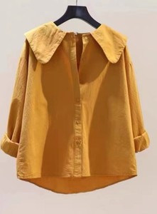 Blusa con cuello para mujer, corte holgado, manga tres cuartos, algodón, informal, primavera, verano, color liso - Product Image 3