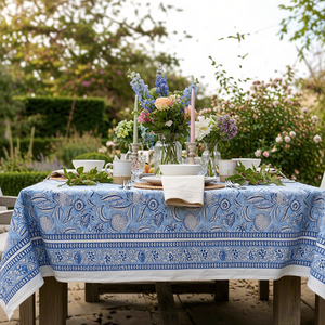 Meadow Song Blue 10 Seater <b>Tablecloth</b> 180x270cm Handcrafted Block Printed 100% Cotton Wedding Dining Home Decor Style - Product Image 5