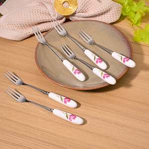 Chic Set of 6 Ceramic Rosebud <b>Forks</b> Stainless Steel Handle for Dessert Fruit for Home Restaurant Use Great for Back to School - Product Image 3