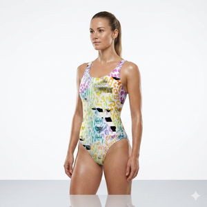 ชุดว่ายน้ำวันพีซสำหรับผู้หญิง ลายเสือชีตาห์สีรุ้ง พิมพ์ลายด้วยเทคนิคฮีททรานเฟอร์ ผลิตจากผ้าสแปนเด็กซ์/โพลีเอสเตอร์  ออกแบบโลโก้ได้ตามต้องการ - Product Image 1