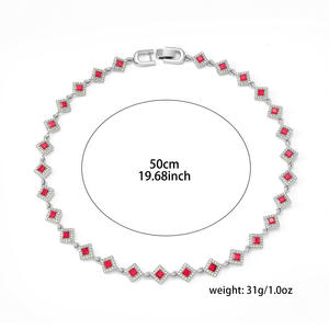 Women's S925 Silver Moissanite <b>Statement</b> <b>Necklace</b> Geometric Red Square Rhodium Plated Link Chain Party Jewelry - Product Image 3