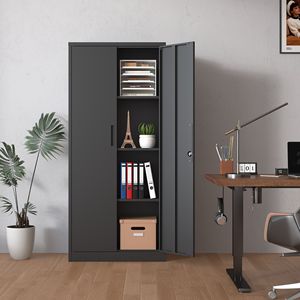 Armadio da Garage in Metallo Nero da 71 Pollici con Serratura, 3 Porte e Ripiani, Armadietti Alti per un'Organizzazione Efficiente - Product Image 1