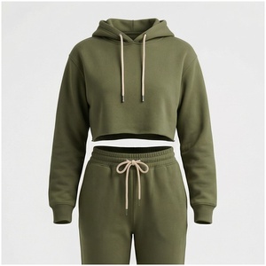 Women Olive Green Hooded Cropped Sweatshirt & <b>Matching</b> <b>Jogger</b> Pants <b>Set</b> Casual Tracksuit Full Sleeve Solid Color Drawstring - Product Image 1