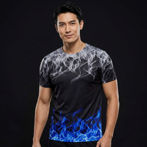 เสื้อยืดคอกลมแขนสั้นพิมพ์ลายเปลวไฟสีน้ำเงินดำสำหรับผู้ชาย ทรงปกติ สวมใส่สบาย ระบายอากาศได้ดี ผลิตจากผ้าโพลีเอสเตอร์ถัก - Product Image 5