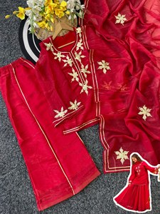 Ensemble chic et élégant en chiffon croquant de qualité supérieure, comprenant un kurti à col en V brodé, un pantalon brodé assorti et un dupatta, idéal pour les festivals et les occasions ethniques. - Product Image 5