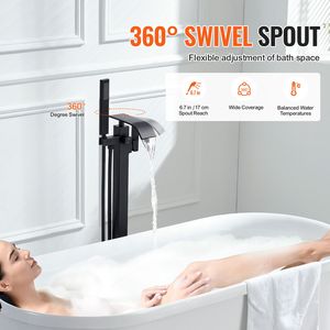 Rubinetto per vasca da bagno freestanding con doccia a pioggia, miscelatore a pavimento, rubinetto di riempimento vasca, rubinetteria con beccuccio girevole a 360 gradi e due modalità di getto d'acqua - Product Image 5