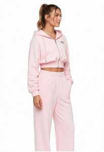 Women's Eco-friendly Autumn <b>Pink</b> 2-in-1 Tracksuit Set Hooded Cropped <b>Sweatshirt</b> and Long Pants with Front Logo Casual - Product Image 2