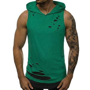 Wholesale Custom Blank Men's Ripped Sleeveless Hoodie <b>Distressed</b> Workout Tank <b>Top</b> Layered Fitness Gym Bodybuilding Muscle Tee - Product Image 1