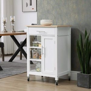 Carrello da Cucina Compatto dal Design Moderno con Ruote, Regolabile, Bianco, Trolley Multiuso Impermeabile in Legno di Quercia Elegante - Product Image 4