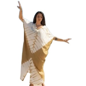 Robe longue maxi de plage Kaftan col en V Tie-Dye marron en coton doux, style déesse, tenue de villégiature estivale, cadeau pour elle, coupe ample, grande taille - Product Image 1