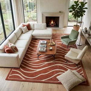 Tapis d'intérieur abstrait en terre cuite solide, motif vague, tapis moderne en laine tufté à la main, de qualité supérieure, pour salon, chambre à coucher, décoration de sol - Product Image 2