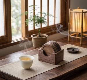 Wood Round Coaster Set Non Slip Drink Mate Asian Zen Style <b>Table</b> Decoration for Home Tea Ceremony from TIMELESS CRAFT - Product Image 4