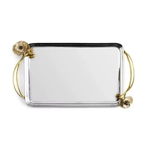 Rectangular Silver Mirrored Metal Decorative <b>Tray</b> with <b>Gold</b>-Plated Floral Handles - Product Image 1