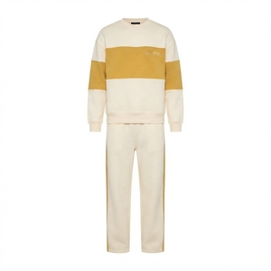 Conjunto de Sudadera y Pantalones Deportivos para Hombre, Cuello Redondo, Bloques de Color, Amarillo Crema, Ropa Casual Urbana, Logotipo Personalizado - Product Image 3