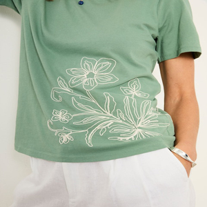 Camiseta de Mujer al por Mayor, Cuello Redondo, Bordado Floral Verde, Manga Corta, Corte Holgado, Informal, 100% Algodón Tejido - Product Image 5