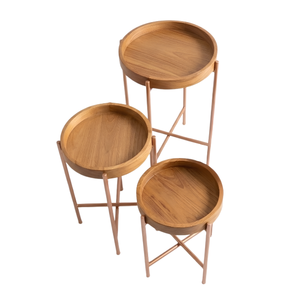 Tables d'appoint modernes en bois avec pieds en métal, disponibles en trois tailles, design empilable pour une utilisation en extérieur, style minimaliste, ensemble de meubles de jardin - Product Image 3