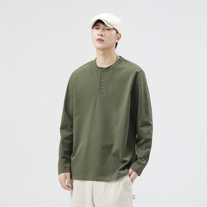 Men's Olive Green <b>Henley</b> Long Sleeve T-<b>Shirt</b> Solid Color Button Up Collar Casual Oversized Fit 100% Cotton Knitted Autumn Wear - Product Image 5