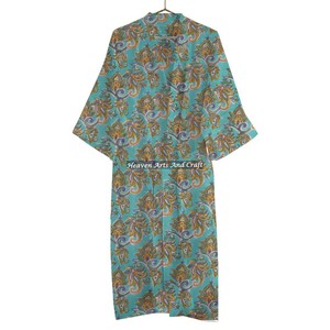 Hand Block Print Cotton Kimono Bohemian <b>Hippie</b> Bathrobe Dressing Gown Summer Spring Robe Block Print Bathrobe - Product Image 5