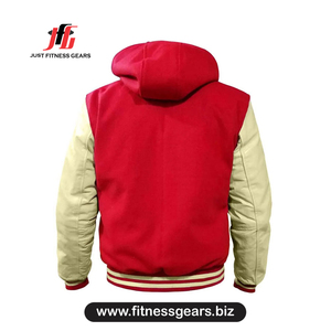 Veste universitaire rouge pour homme, à capuche, décontractée, en mélange de polyester et de coton, boutonnée sur le devant, coupe classique, pour l'automne - Product Image 2