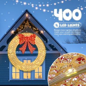 Ghirlanda Natalizia LED Pre-Illuminata da 60 Pollici con 400 Luci e Fiocco Oro/Rosso per Decorazioni Esterne/Interne Casa/Giardino - Product Image 6
